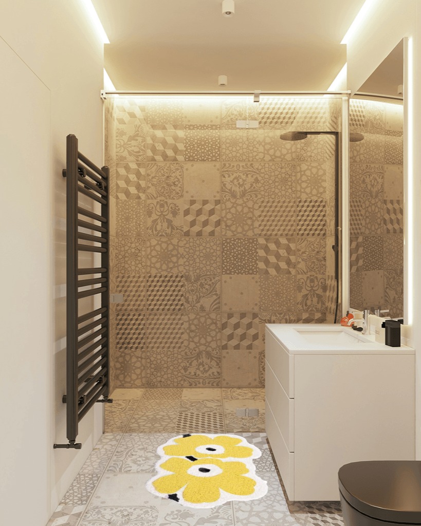 HAPLOVE Flower Shage Bathroom Rug Mat Non-Slip Microfiber Shower Bath Rug Absorbent Bath Mat for Bathroom Machine Washable(Yellow, 40x60cm in White Tiled Bathroom
