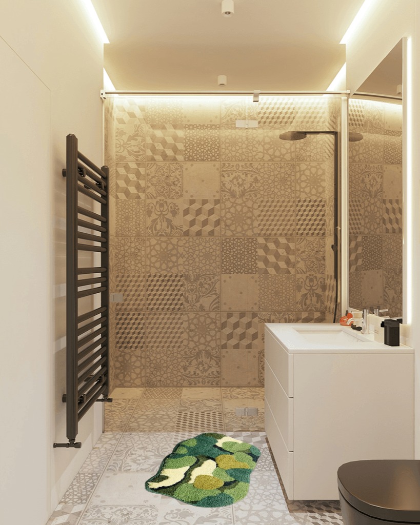 Moss Leaf Bathroom Rugs Non-Slip Moss Floor Carpet Boho Indoor Bath Mat Super Absorbent Moss Rug Machine Washable Fade Resistant Shower Green Area Rug for Toilet Front Door Entryway Doormat Décor in White Tiled Bathroom