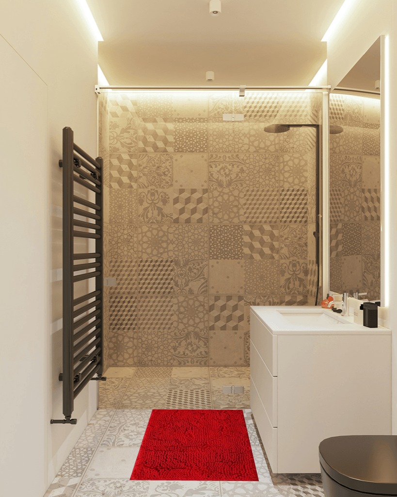 BOANKODU Bathroom Rugs Sets 2 Piece, Extra Soft Chenille Bath Mat Absorbent Bathroom Rug, Bathroom Mat with Sturdy PVC Non-Slip Bottom, Machine Washable Bath Rugs (32x20 Inch + 24x16 Inch, Red) in White Tiled Bathroom