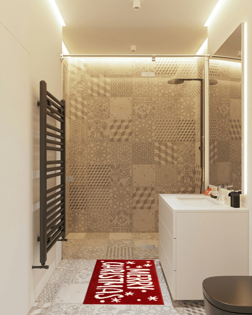Nymphia Christmas Bath Mat, Christmas Bathroom Decor, Red Bathroom Rugs, Extra Soft and Absorbent Microfiber Cute Holiday Decorative Bath Rugs Non-Slip Machine Washable 20 x 32 Inch in White Tiled Bathroom