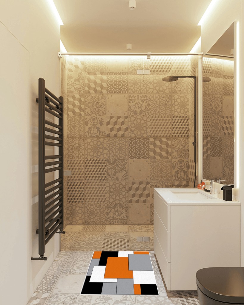 Abstract Color Block Orange Black Gray Area Rug, Orange Black Geometric Pattern Indoor Washable Carpet, Large Non-Slip Machine Decorative Rug for Living Room Dining Room Farmhouse-2' x 3' in White Tiled Bathroom