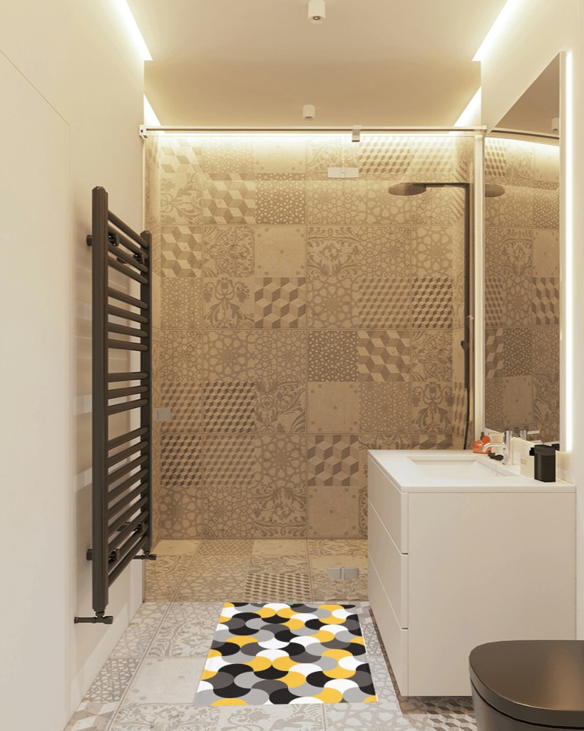 Shag Door Mats Bath Rugs Yellow Grey Abstract Geometric,Soft Fluffy Doormats Non Slip Carpet Mid Century Black White Color Block,Shaggy Fuzzy Area Throw Rug for Kitchen/Bathroom/Bedroom 20x31.5In in White Tiled Bathroom