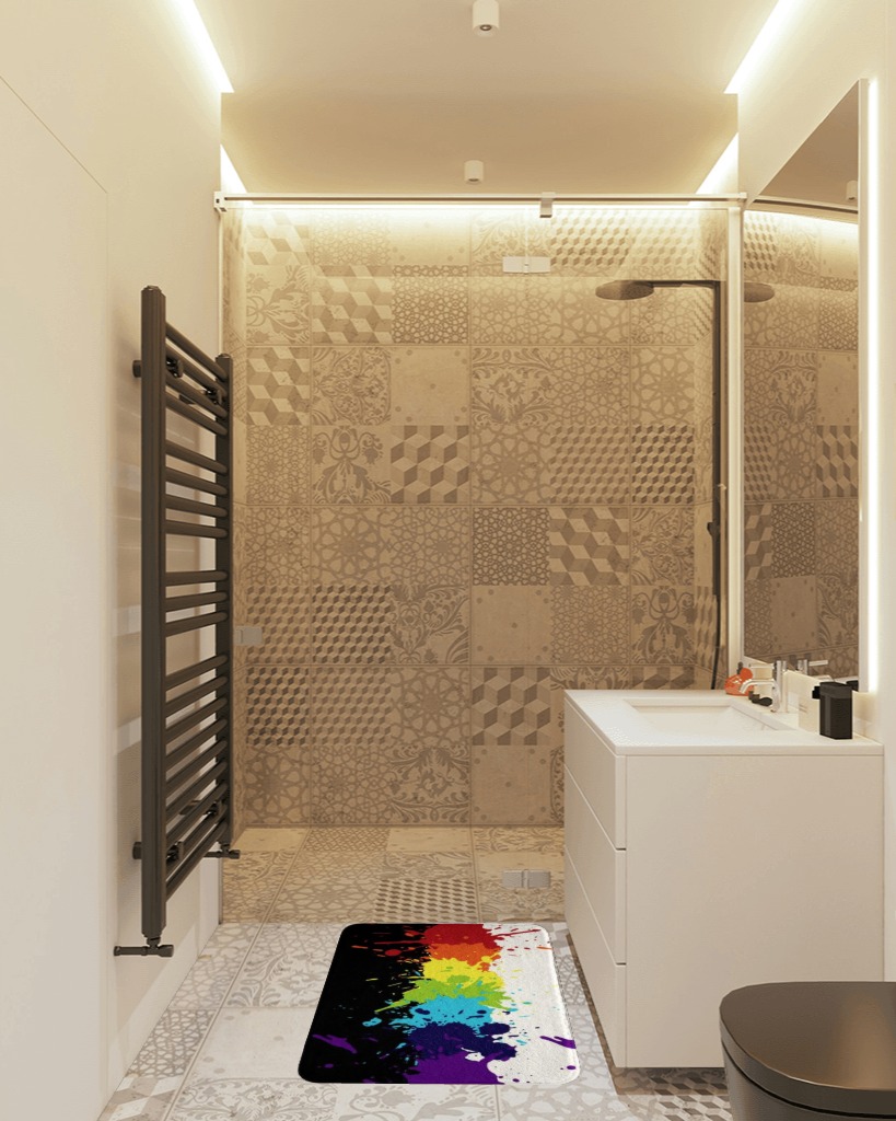 Rainbow Tie Dye Rugs,Colorful Splash Paint Fluffy Rugs for Bedroom Multicolor Grafitti Durable Indoor Entry Rug Luxury,Modern Abstract Non Slip Bathroom Carpet Black White 18x30 inches in White Tiled Bathroom