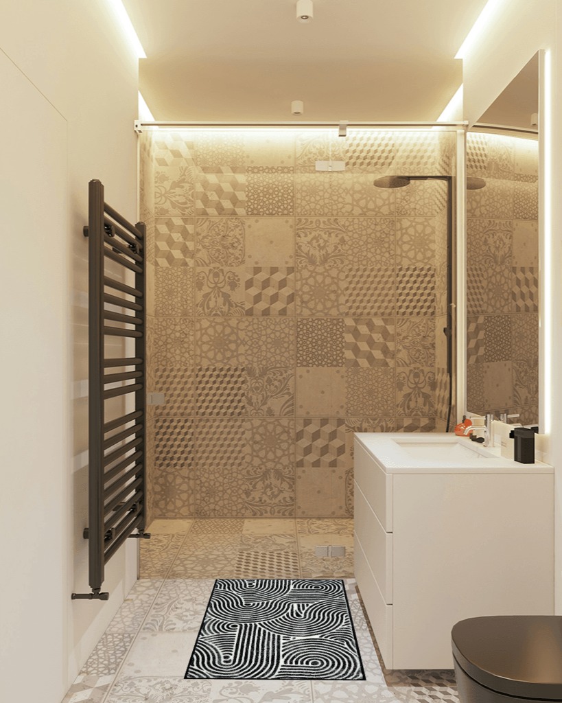Seavish Bathroom Rugs Non Slip Washable 20"x31" Black and White Bathroom Rugs Absorbent Bath Mat Thin Bathroom Rugs Fit Under Door Boho Decor Rug for Shower Tub Bathroom Entryway Indoor in White Tiled Bathroom