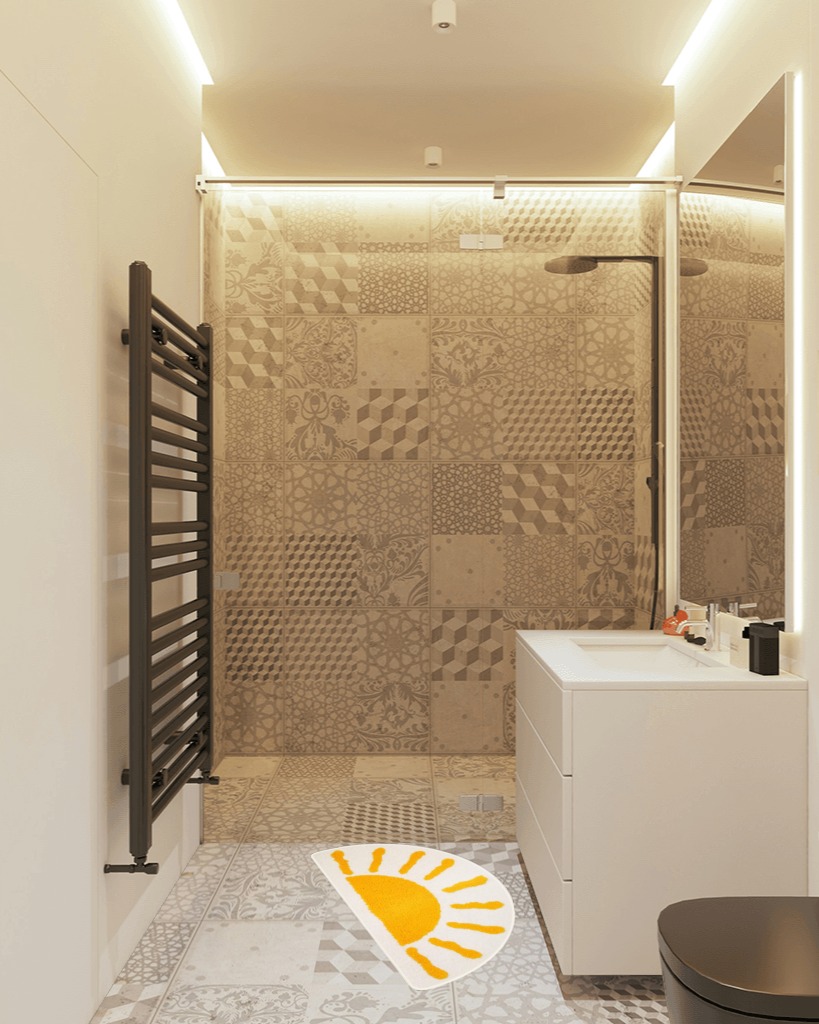 Bathroom Rugs Mat Half Circle - Cute Sun Fun White Yellow Boho Bath Mats Non Slip, Soft Absorbent Microfiber Bohemian Rug, Semi Round Machine Washable Rubber Rugs for Floor Bedroom Toilet Door Bathmat in White Tiled Bathroom