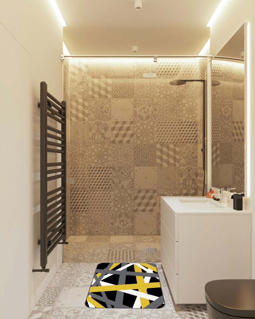 Large Area Rugs 2' x 3' Modern Throw Carpet Floor Cover Nursery Rugs for Children/Kids, Yellow Black Grey Geometric Indoor/Outdoor Rugs for Living Room/Bedroom Modern White Abstract Art Striped in White Tiled Bathroom
