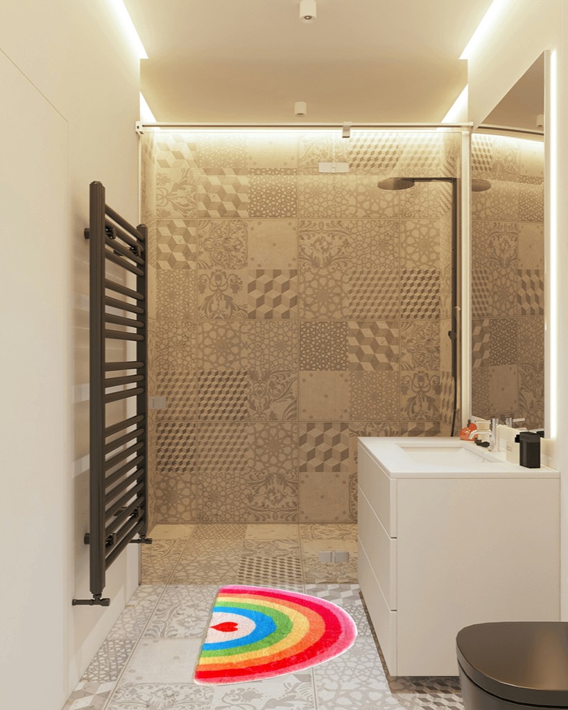 FWEHIO Cute Rainbow Bathroom Rugs Non-Slip Washable Absorbent Plush Microfiber Floor Doormats Bath Mat Super Soft for Entrance Decoration Indoor Water Absorption (40 * 80cm, Rainbow Sugar) in White Tiled Bathroom