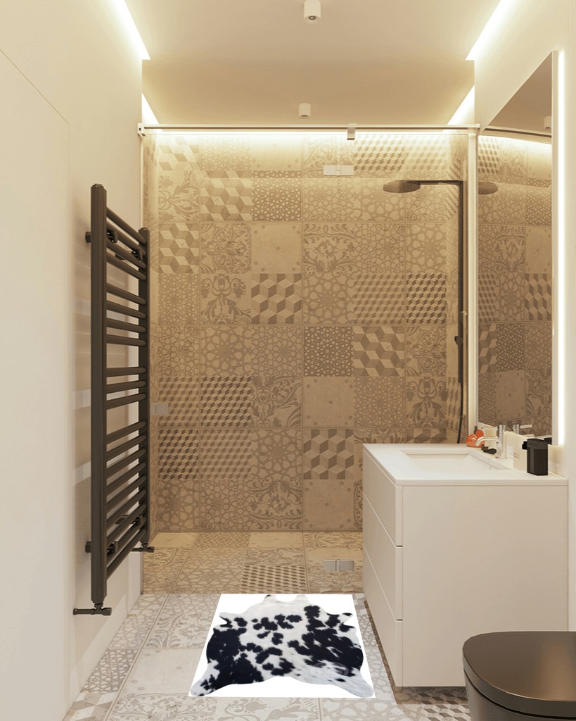 Genuine Mini Cowhide Rug Black and White 24 x 35 inches 90 x 60 cm in White Tiled Bathroom