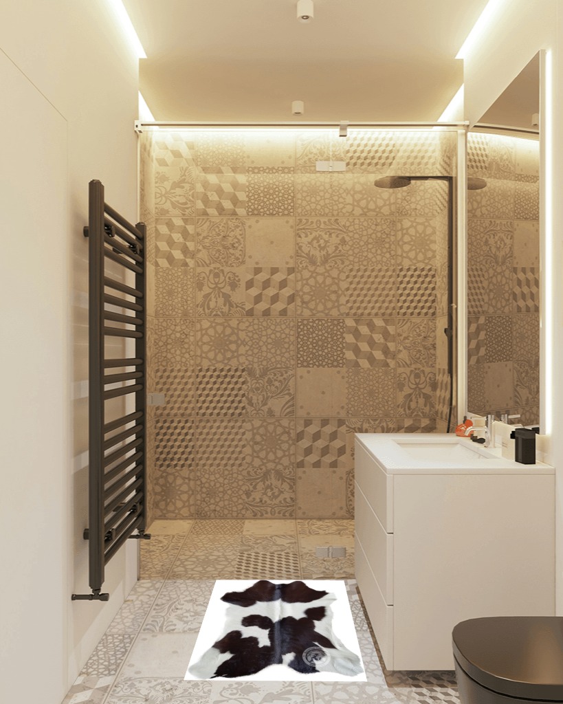 Genuine Calfskin Chocolate Dark Brown and White Calf Hide Cow Skin Cowhide Rug Leather Area Rug 3 x 3 ft. in White Tiled Bathroom