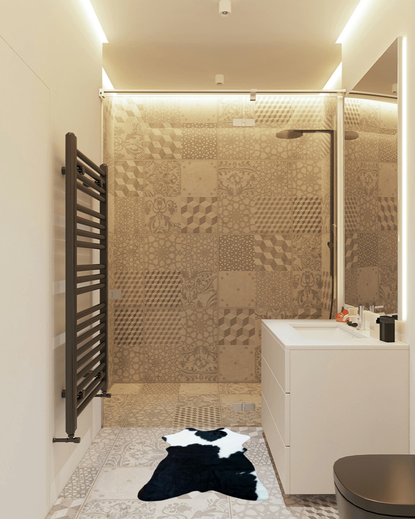 rodeo Genuine Mini Black and White Cowhide Rug Size Approx 2 x 3 ft in White Tiled Bathroom