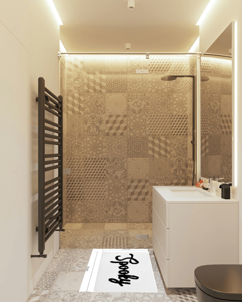 TRUEDAYS Halloween Bath Mat Cute Spooky White Black Bathroom Decor Rug Non Slip, Spooky Shower Rugs for Bathroom, Bedroom, Living Home Decoration in White Tiled Bathroom
