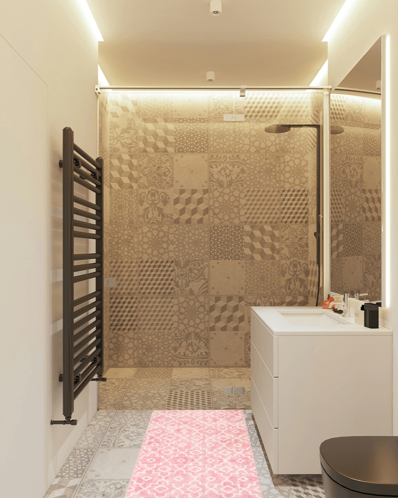 Pink Bathroom Runner Rug in White Tiled Bathroom