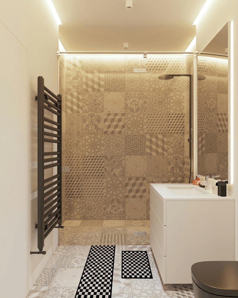 EUCH 2 Piece Carpet Rubber Backing Non-Slip Kitchen Mat Doormat Area Rugs (17"x23"+17"x47", Black Mosaic) in White Tiled Bathroom