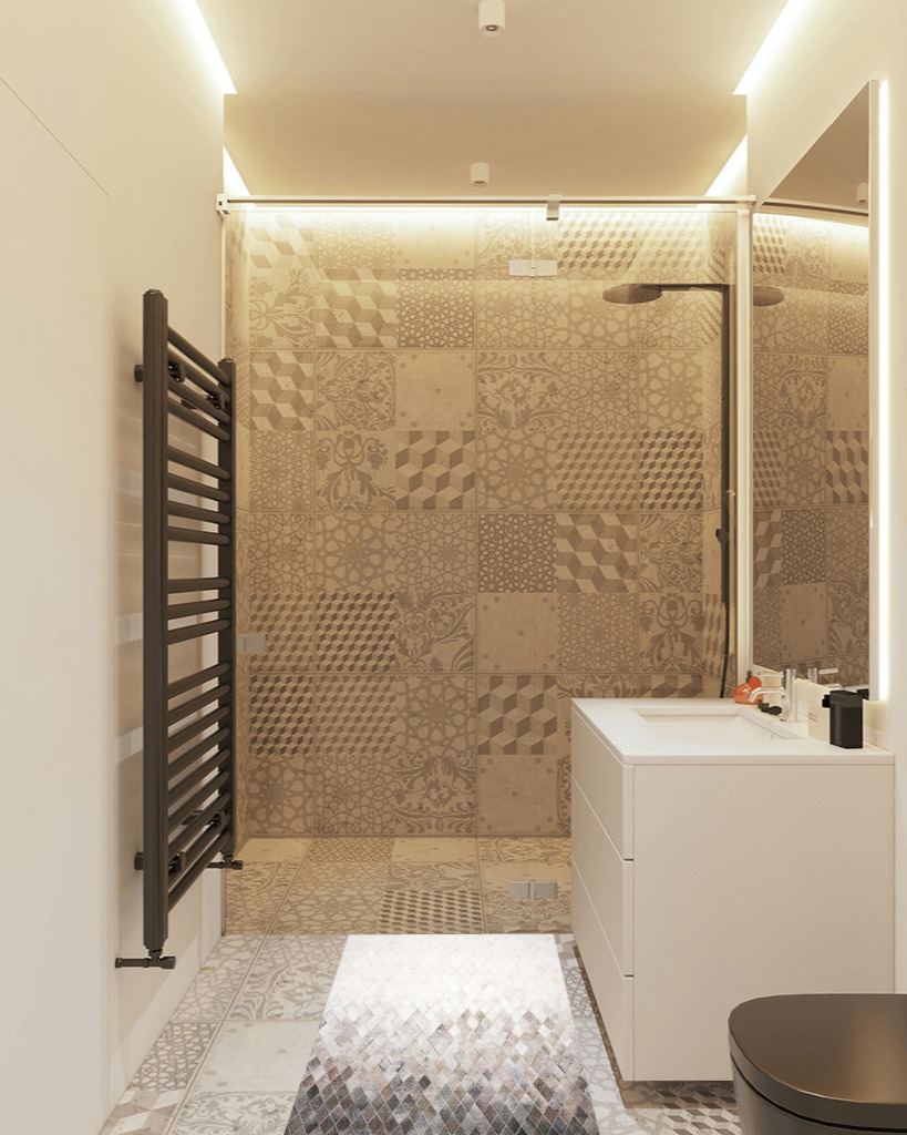 Loloi II Maddox Collection MAD-04 Sand/Taupe 2'-3" x 3'-9" Accent Rug in White Tiled Bathroom