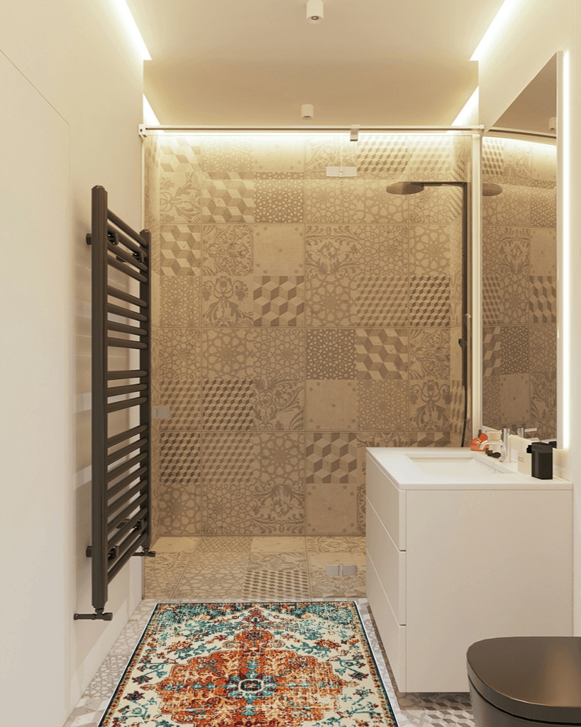 Boho Bathroom Rug,Non-Slip Distressed Entry Accent Ma in White Tiled Bathroom