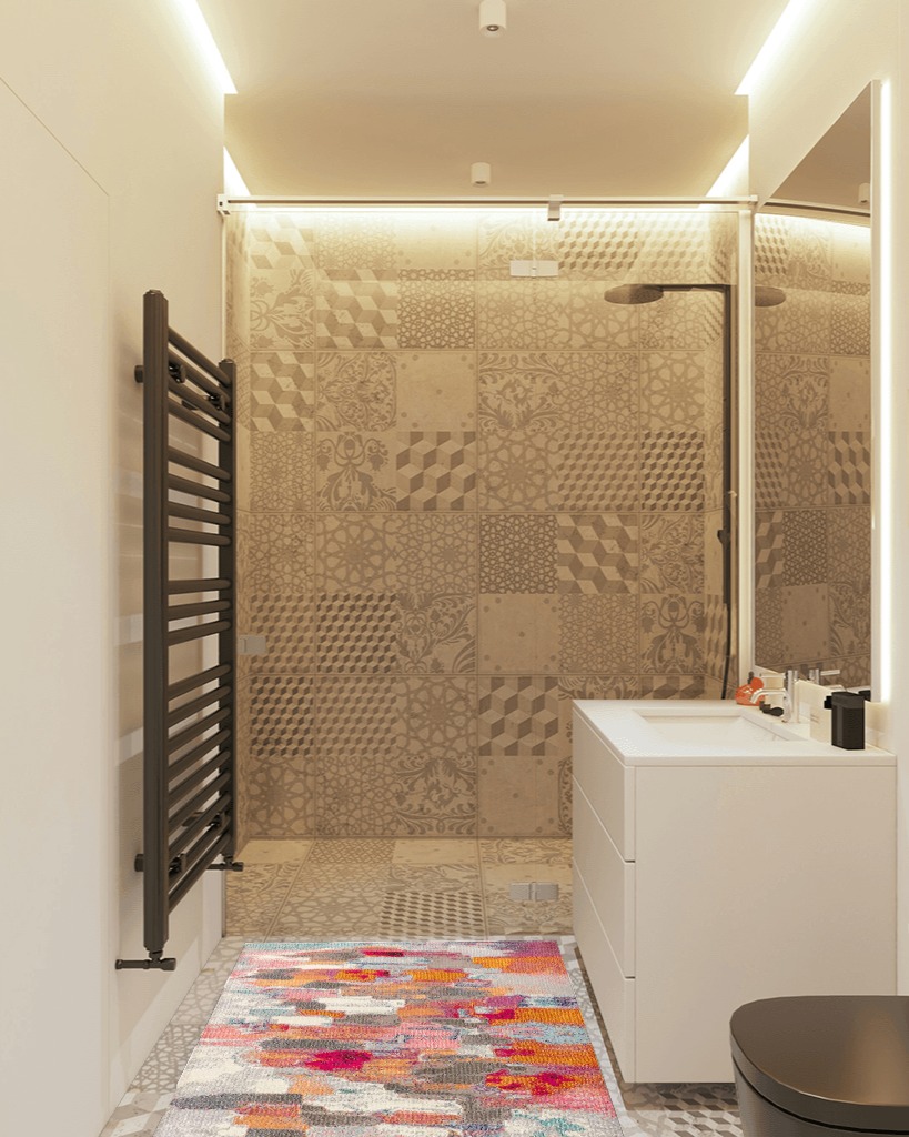 Contemporary POP Modern Abstract Brushstroke Cream/Pink 3 ft. x 5 ft. in White Tiled Bathroom