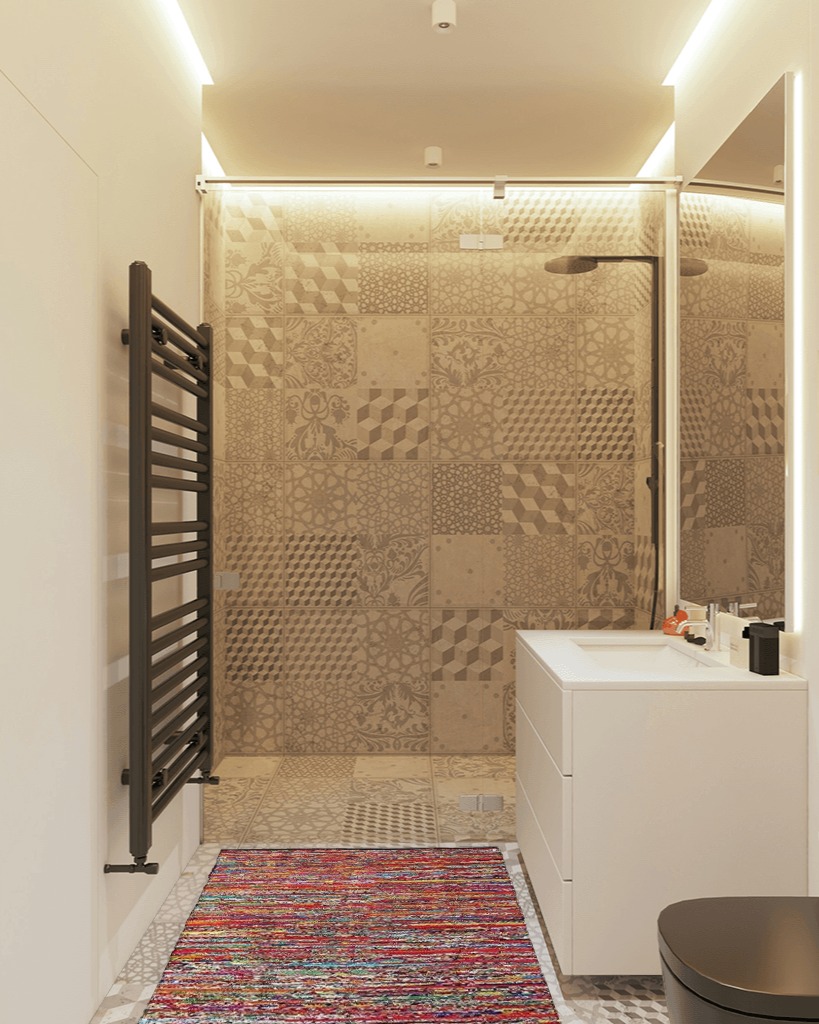 Cotton Multi Chindi Hand Woven Rugs Chindi in White Tiled Bathroom