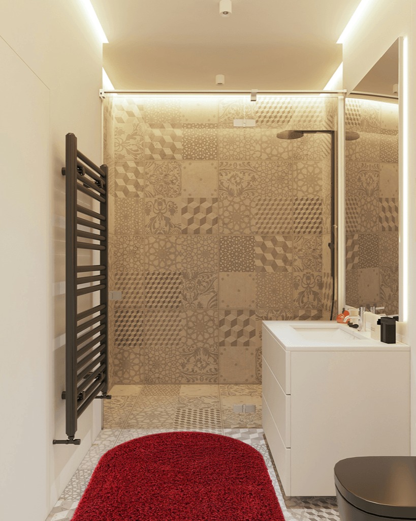 Everyday Shag Rug Red 3x5 Oval in White Tiled Bathroom