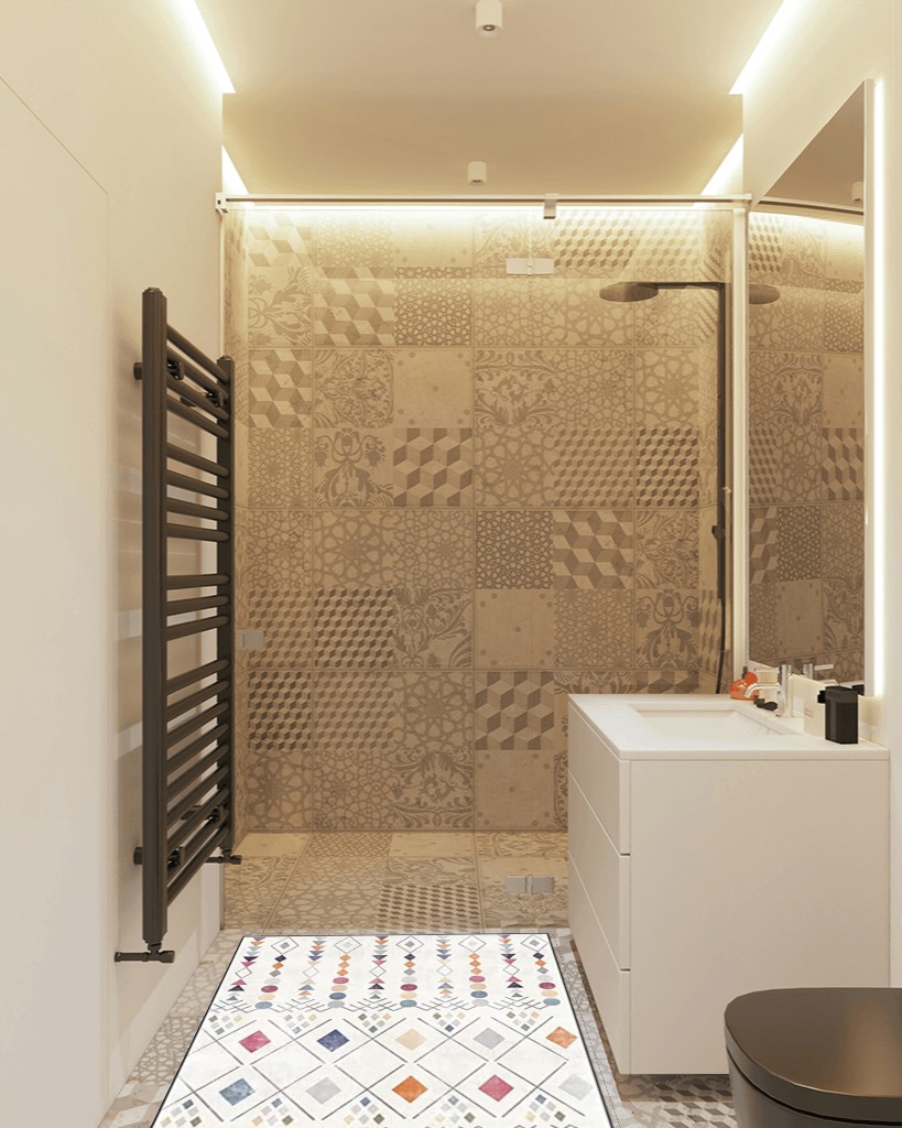 Geometric-Area-Rug-for-Living-Room in White Tiled Bathroom