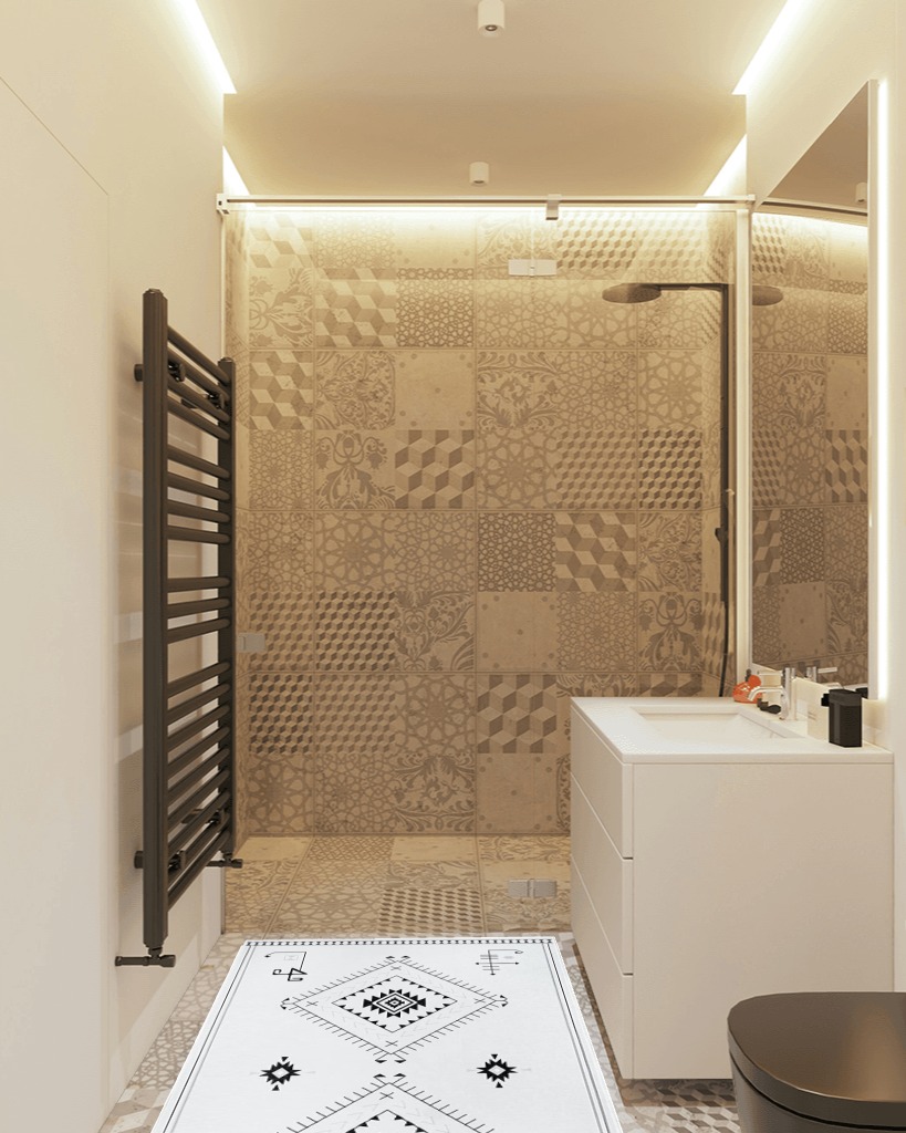 Lahome Washable Aztec Area Rug in White Tiled Bathroom