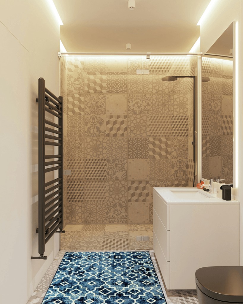 Moynesa Washable Moroccan Area Rug in White Tiled Bathroom
