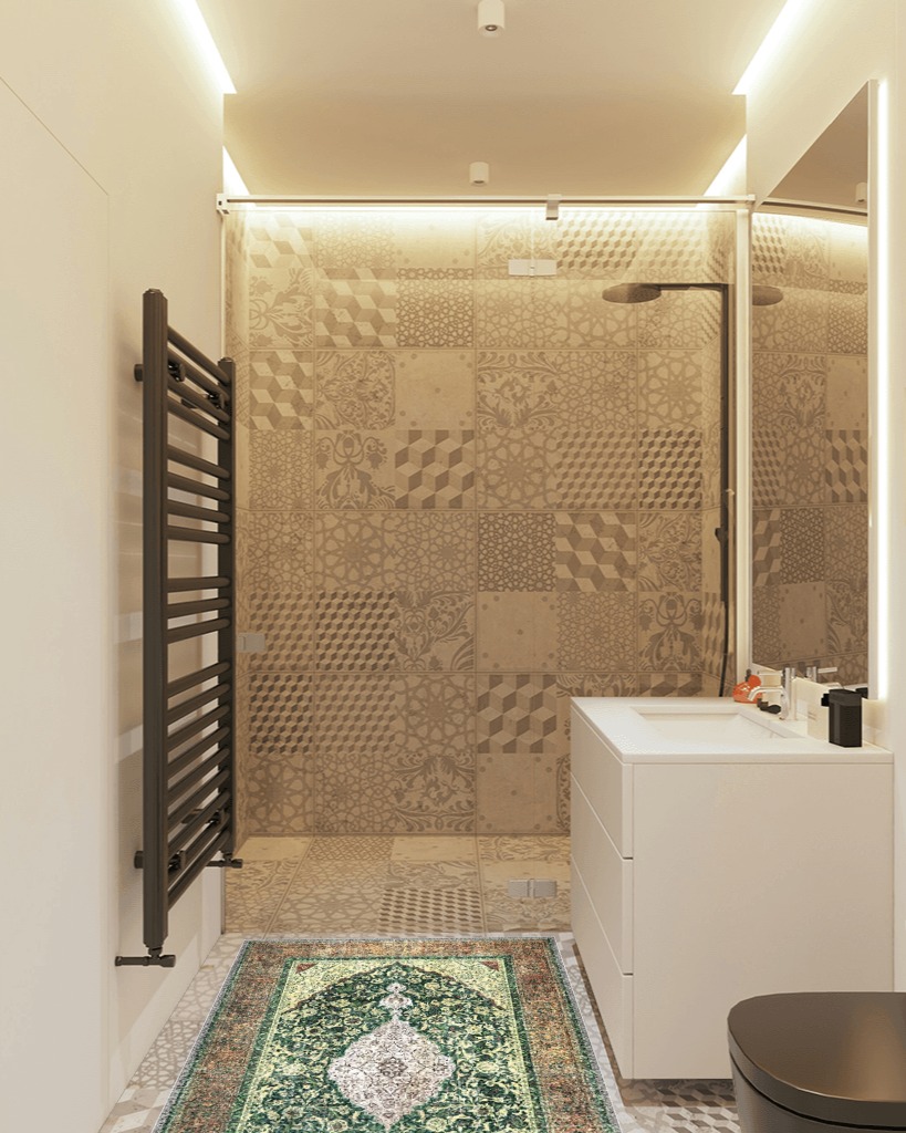 NATOLIA DECOR Area Rug in White Tiled Bathroom