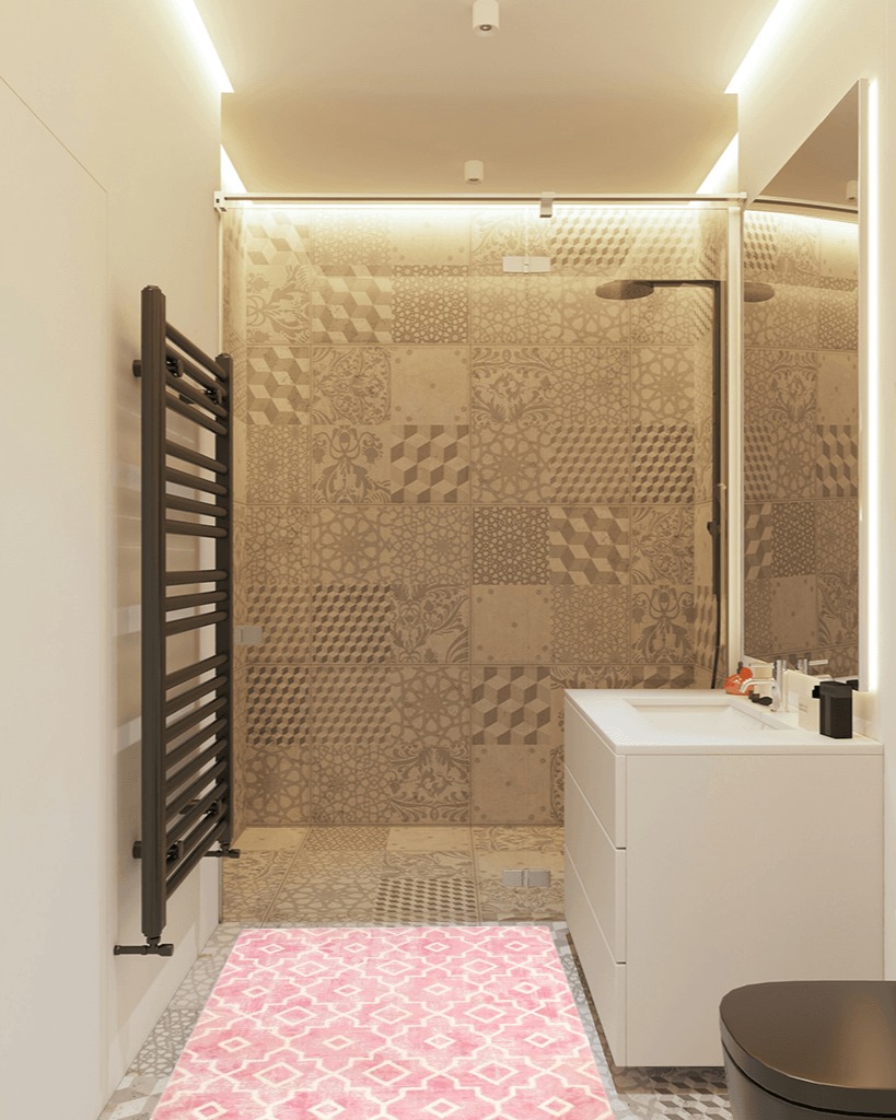 Nursery Rug Pink Non-Slip in White Tiled Bathroom