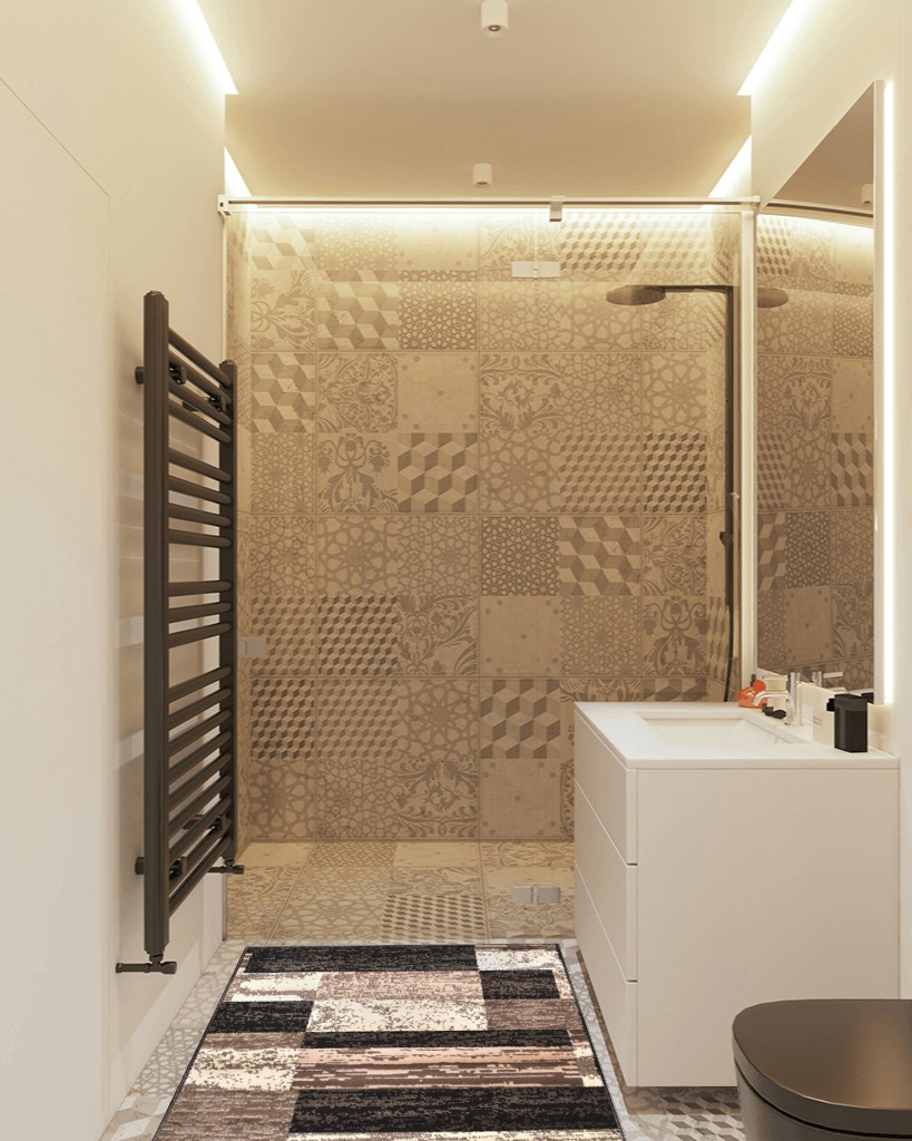 ‎Chocolate ‎Modern, Eclectic, Casual, Transitional ‎Cushioned ‎Area Rug in White Tiled Bathroom