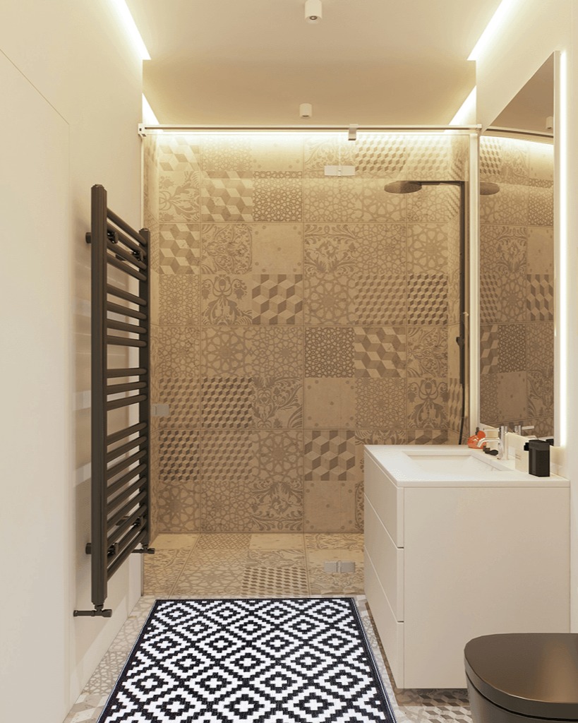 Aztec - Black & White   Porch in White Tiled Bathroom