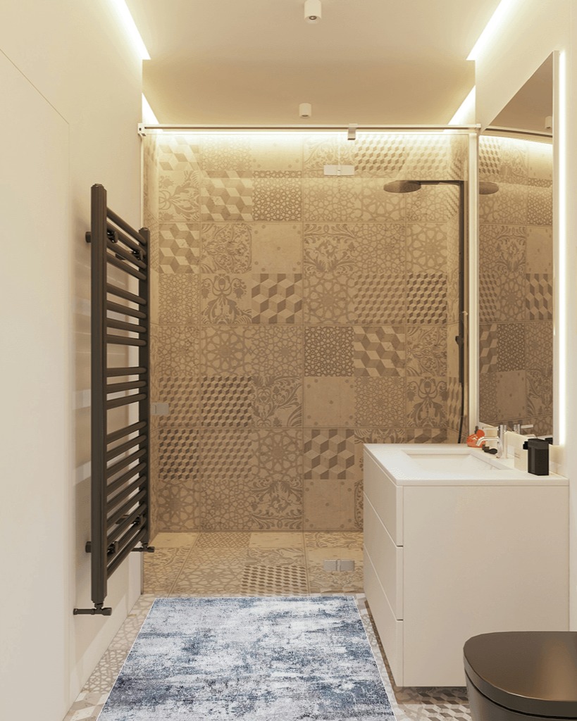 Gray/Blue Abstract & Modern Super Soft, Non-Slip, Easy to Clean, Fade Resistant Area Rug in White Tiled Bathroom