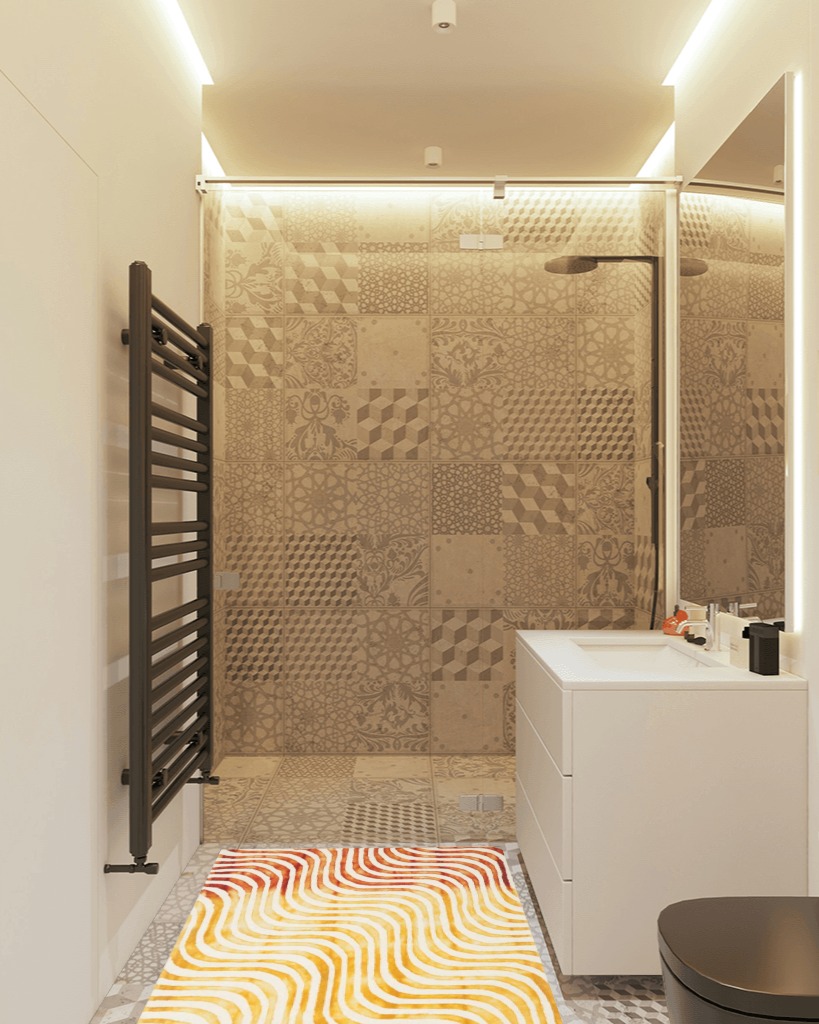 Ivy Bronx Niki Dip Dyed Ivory/Terracotta Area Rug; 3' x 5' in White Tiled Bathroom