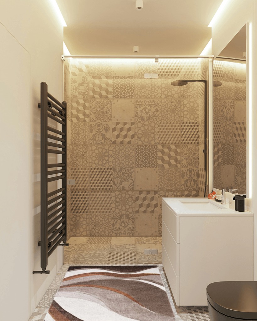 Ducor Abstract Beige/Brown Area Rug Wade Logan Rug Size: Rectangle 2'7" x 5' in White Tiled Bathroom