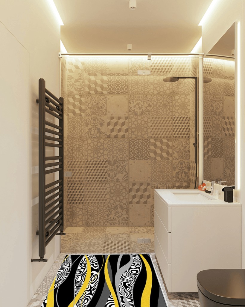 Large Area Rug, Yellow Geometric Non-Slip Indoor Accent Area Carpet, Black White Moire Modern Abstract Art Fluffy Shaggy Runner Rug for Living Room, Bedroom, Kids Room, 2'7"x 5" in White Tiled Bathroom