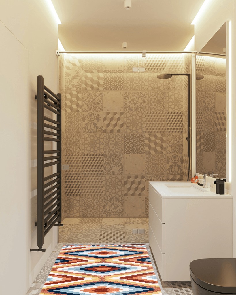 JONATHAN Y SWC101A-3 Konya Diamond Kilim Geometric Indoor Area Rug, Southwestern, Geometric, Bohemian, Bedroom, Kitchen, Living Room, Easy-Cleaning, Non-Shedding, 3 X 5, Yellow/Red/Blue in White Tiled Bathroom
