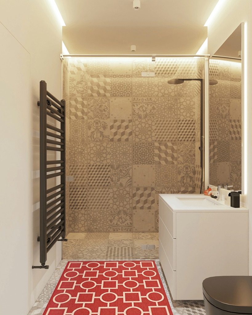 SAFAVIEH Courtyard Collection 2'7" x 5' Red/Bone CY6925 Indoor/ Outdoor Waterproof Easy Cleaning Patio Backyard Mudroom Area Rug in White Tiled Bathroom