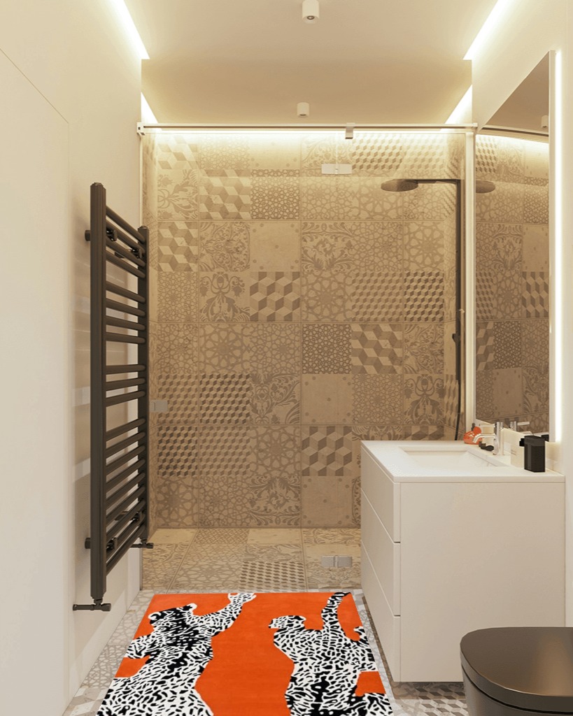 Restoration and Renovation Climbing Jaguar Modern Handmade Wool Rug for Living Room, Bedroom and Dining Room (Orange, 3x5) in White Tiled Bathroom