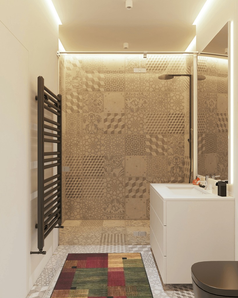 Mohawk Home New Wave Alliance Geometric Accent Area Rug in White Tiled Bathroom