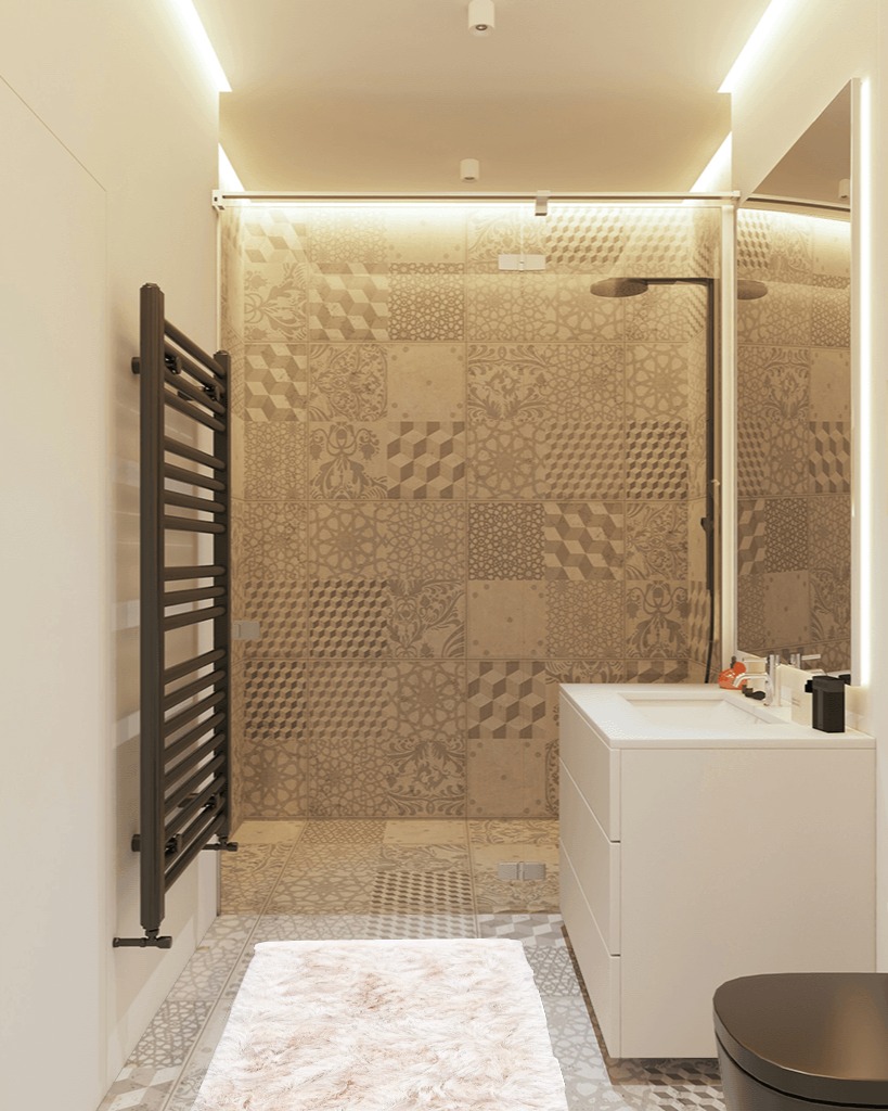 Shag Collection 2'6" x 4' Ivory in White Tiled Bathroom