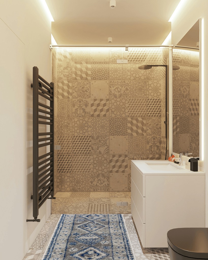 Tribal Geometric Blue Multicolor Runner in White Tiled Bathroom