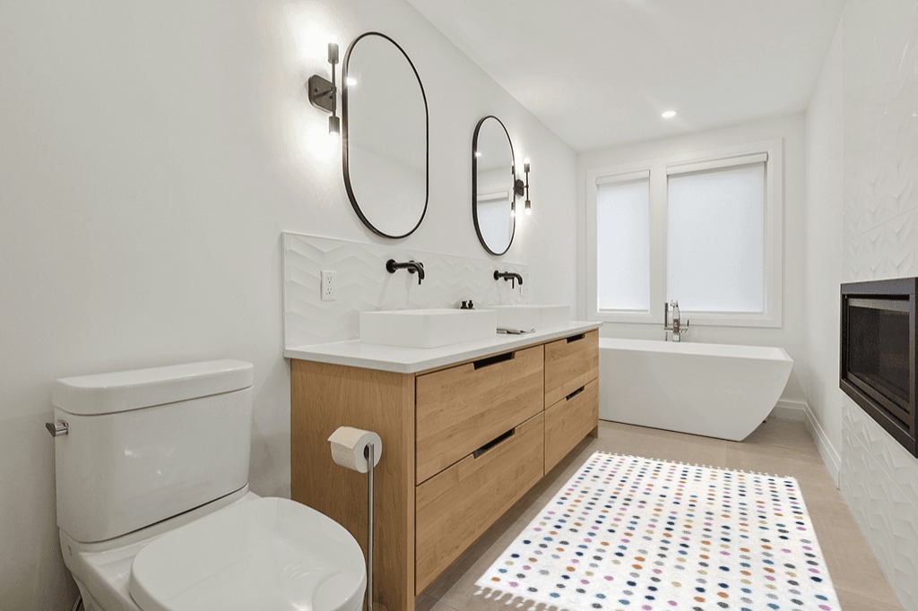 Filson Polka Dots Beige Area Rug Mack & Milo Rug Size: Rectangle 4' x 6' in Scandinavian Neutral bathroom