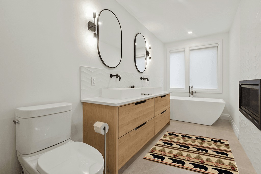 Rustic Lodge, Bear Cabin 4x5 Area Rug, 3'11"x5'3" Multi 7482 in Scandinavian Neutral bathroom