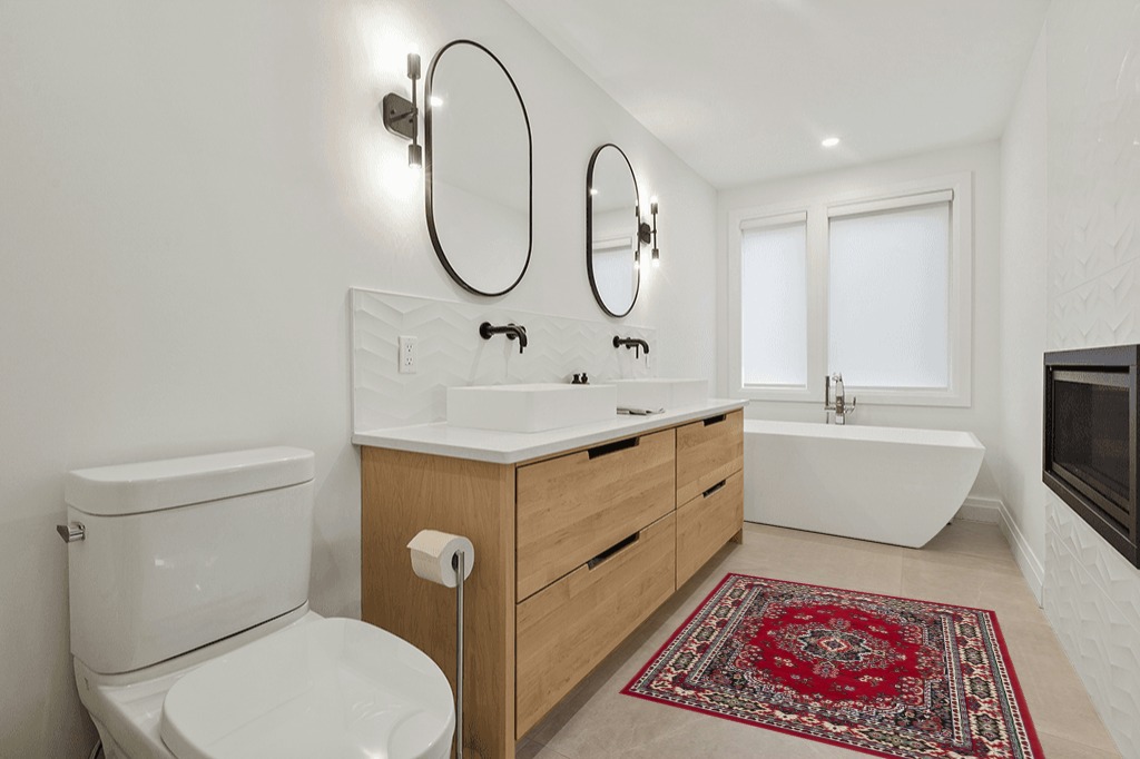 Home Dynamix Premium Sakarya Traditional Medallion Border Area Rug, Claret, 3'7"x5'2" Rectangle in Scandinavian Neutral bathroom