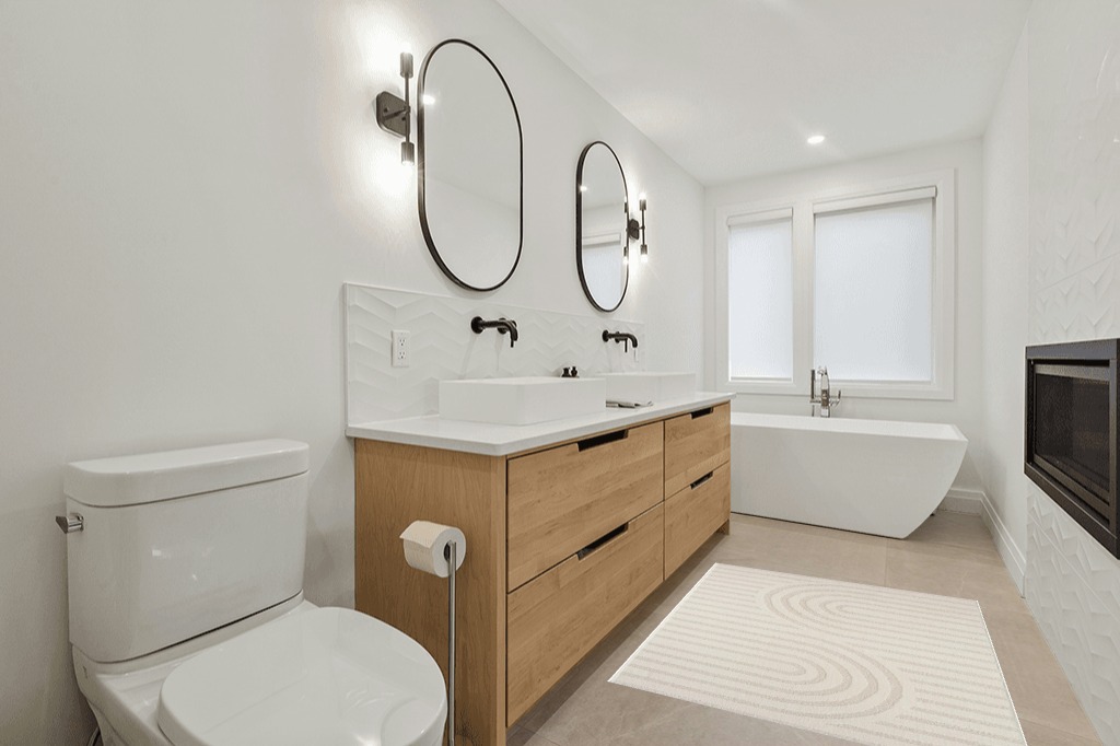 LUXE WEAVERS Modern Geometric Cream 4x5 Area Rug, High Low Texture Carpet in Scandinavian Neutral bathroom