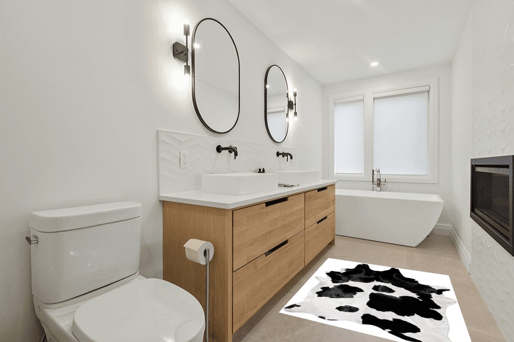Black and White Cowhide Rug Natural Cow Skin Cow Hide Leather Area Rug Hair On, 5 ft X 4 ft Premium Black White Shed Free Natural Hide in Scandinavian Neutral bathroom