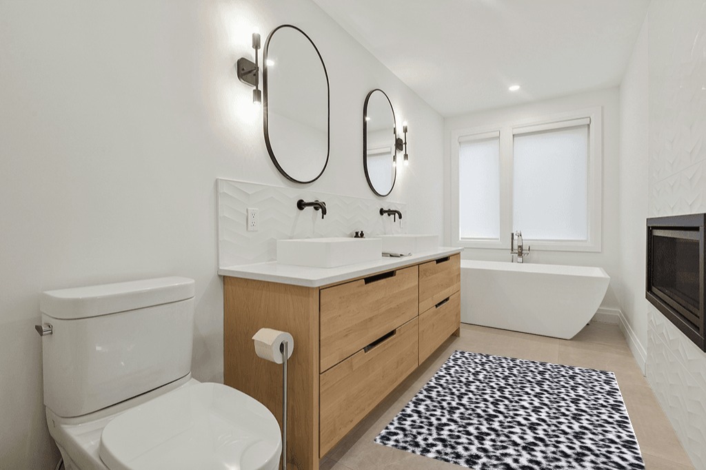 Fluffy Leopard Print Rug 4x6 Feet in Scandinavian Neutral bathroom