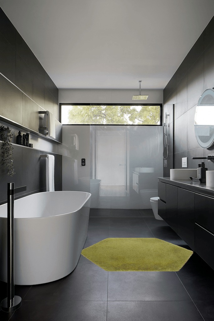 4.6 ft, Green fluffy rug in Black Modern Bathroom