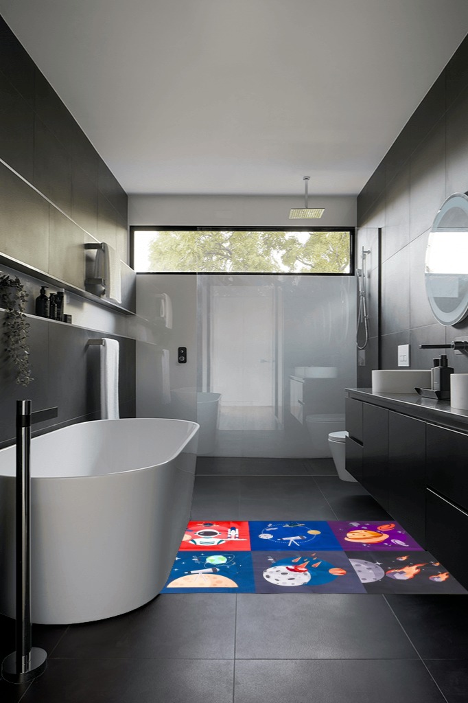 Prosumer's Choice Kids Space Themed Black Wool Rug - Non-Slip, Soft, and Durable | Perfect for Bedrooms, Playrooms, Nurseries | Solar System and Rocket Ship Design - 62.9'' x 47.2'' in Black Modern Bathroom