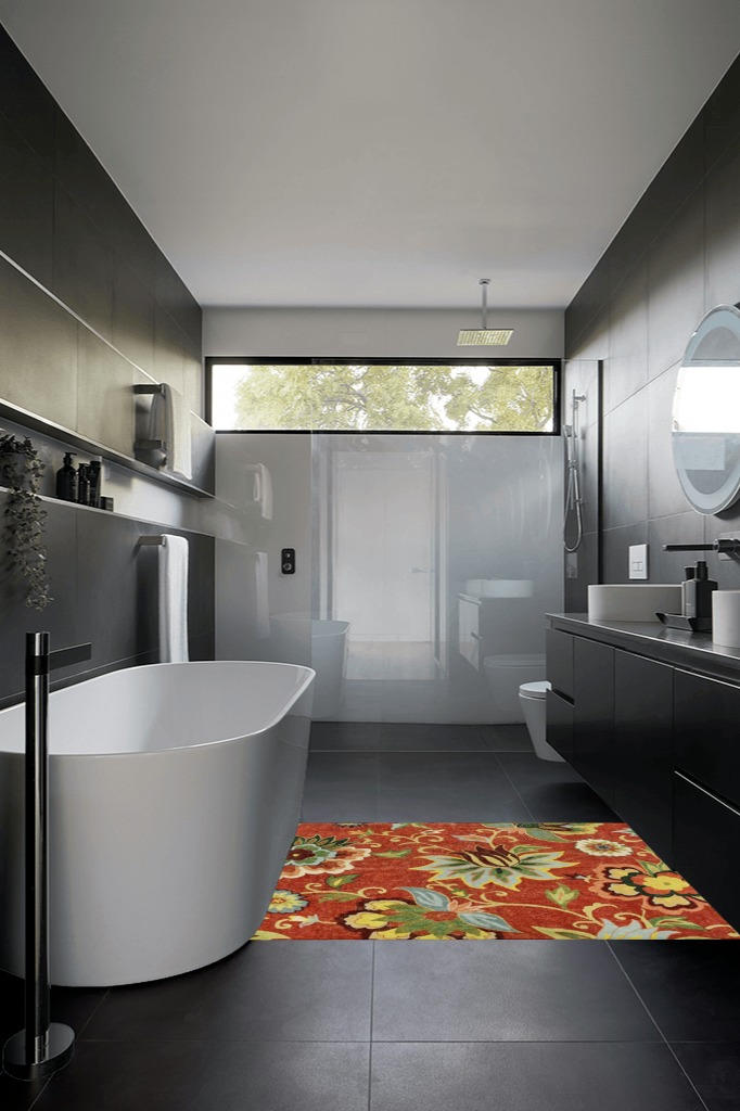 Lahome Red Washable Area Rugs in Black Modern Bathroom