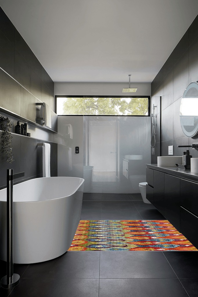 Unique Loom Outdoor Modern Collection Area Rug - Ikat (4' 1" x 6' 1" Rectangle, Multi/ Burgundy) in Black Modern Bathroom