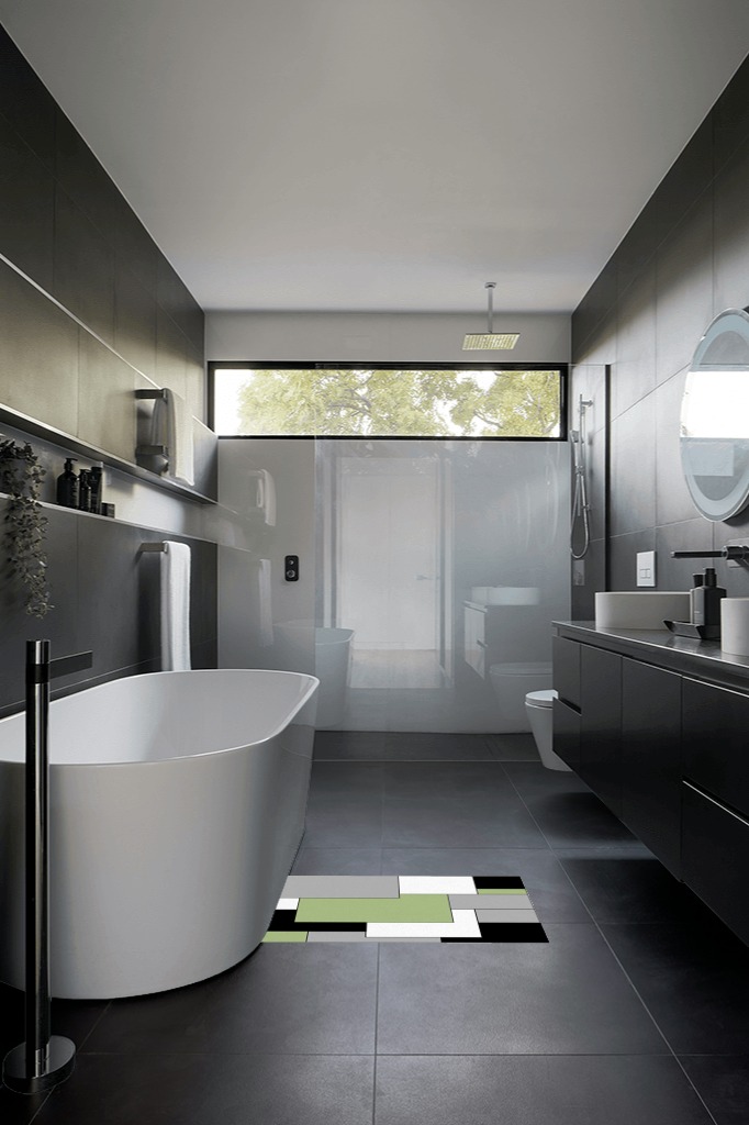 Green Black Geometric Area Rugs in Black Modern Bathroom